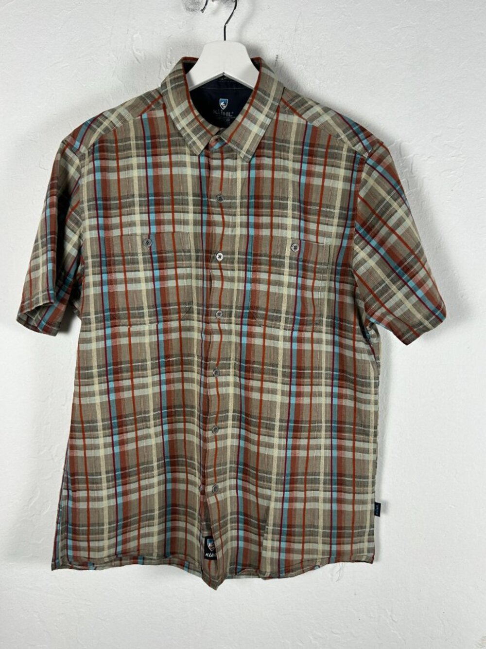 Kuhl Men’s Linen Blend Plaid Shirt Medium Brown Short Sleeve Button Up Outdoor